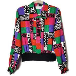 Vintage Andrea Gayle 80s Retro Colorful Abstract Satin Long Sleeve Blouse Size 8